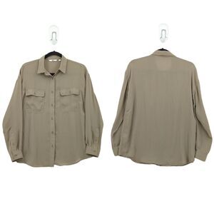 Uniqlo Women S Long Sleeve Shirt Khaki Green Button Down Chiffon Polyester